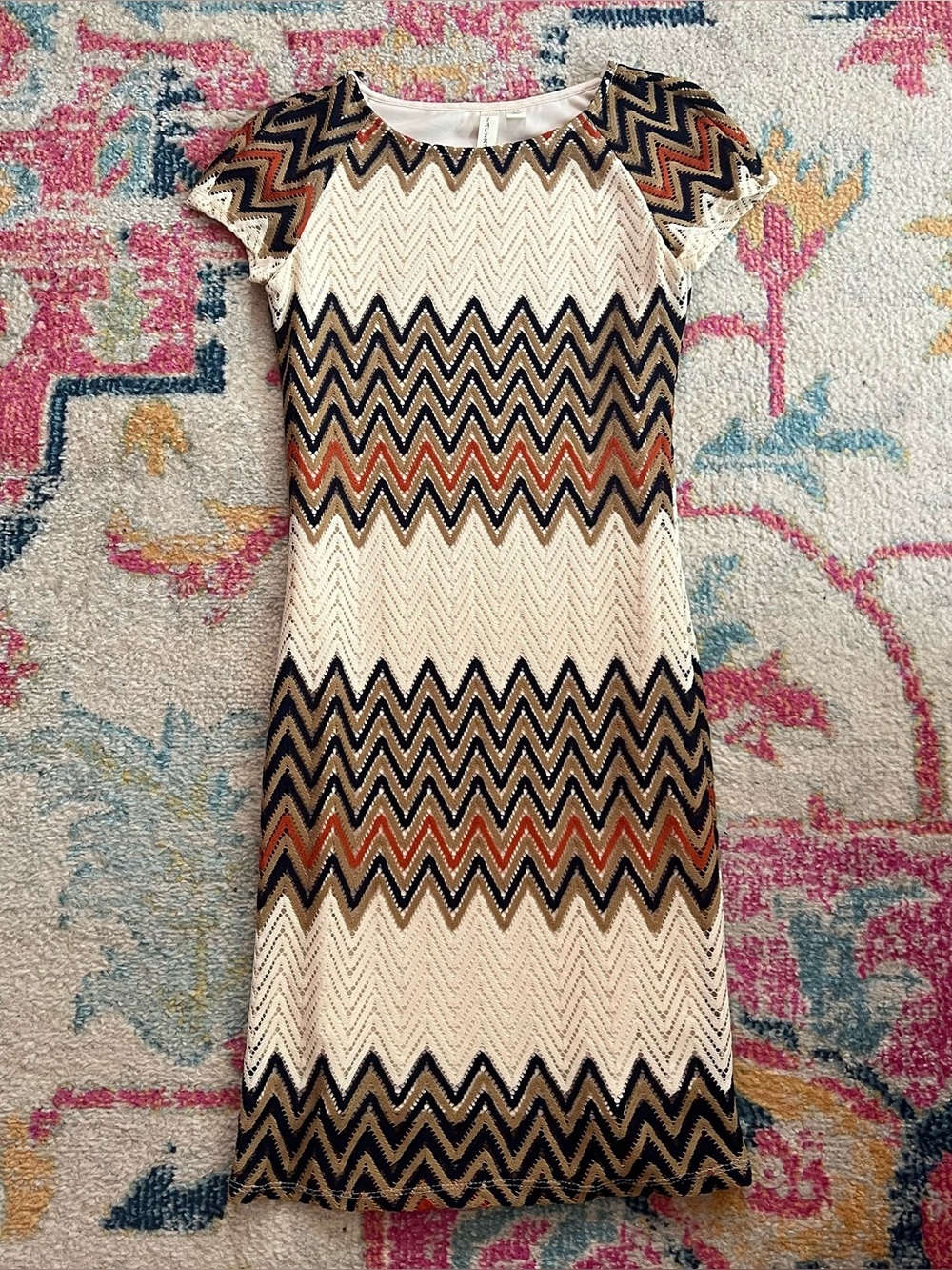 Cream Orange Navy Chevron Print Petite Small Dress